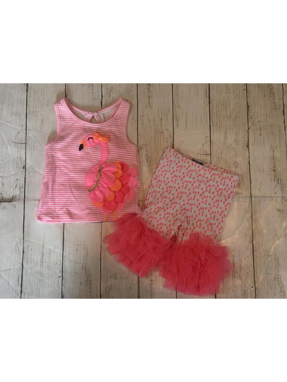 Mud Pie Flamingo Tank & Polka Dot Ruffle Leggings Set Pink 0-6 Months